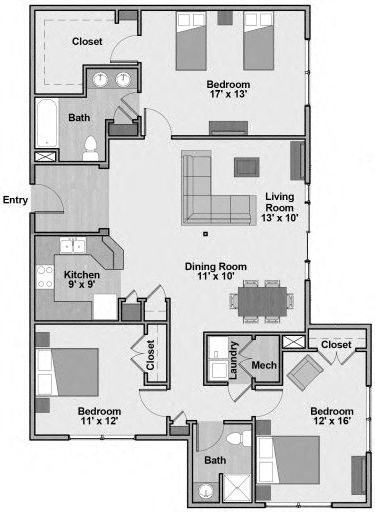 Connections at 6th - Unit Type B3 Floorplan - 3 bed/2 bath